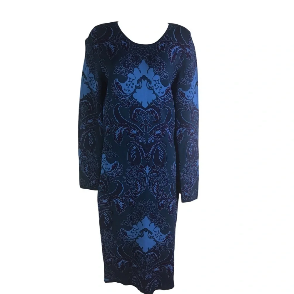 Felicity & Coco Jacquard Sweater Body-Con Dress In Teal Blue/Purple Women Large